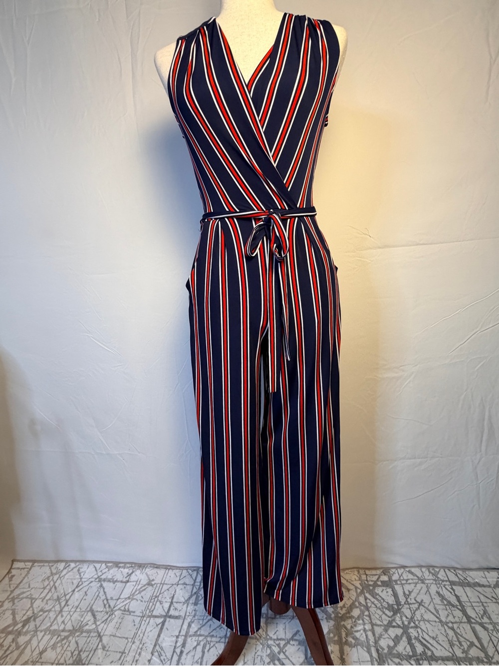 Monteau Navy Red & White Striped Wrap Jumpsuit, sm, silky feel, nautical,Preppy